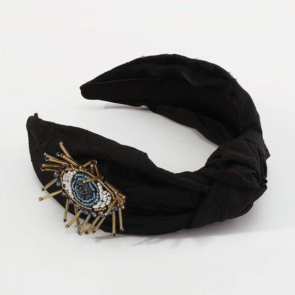 Seed Beaded Evil Eye Protection Symbol Fabric Headband Black or White - Picture 3 of 7